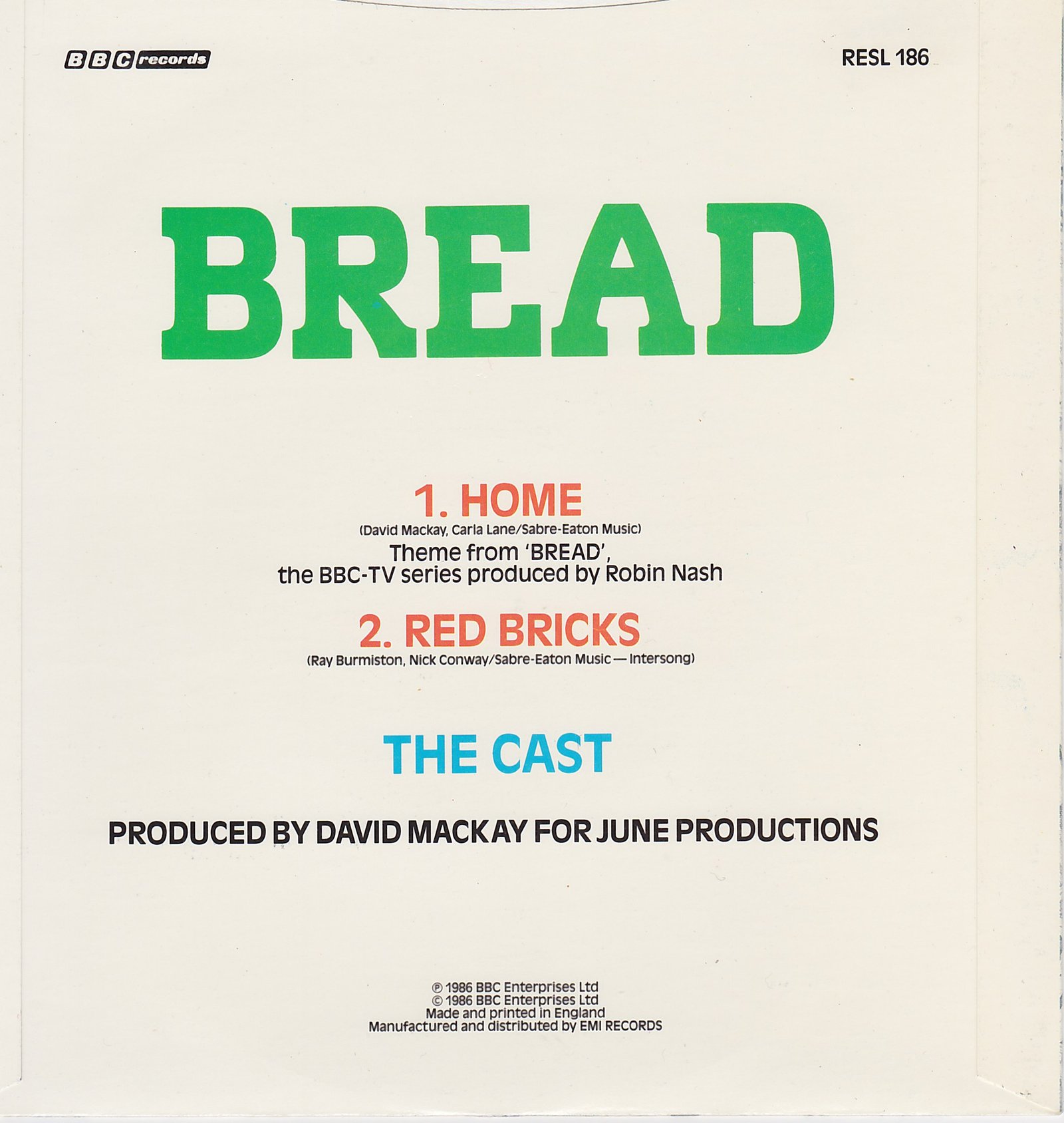 Picture of RESL 186 Home (Bread) by artist Carla Lane / David Mackay / The Cast / Nick Conway from the BBC records and Tapes library